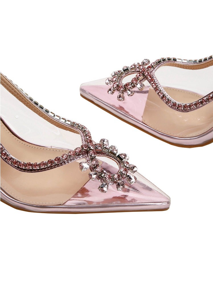 Women's Rhinestone Transparent Closed Pointed Toe High Heels With Strap Stiletto Pumps Pink 8.5 CM  - Image 3