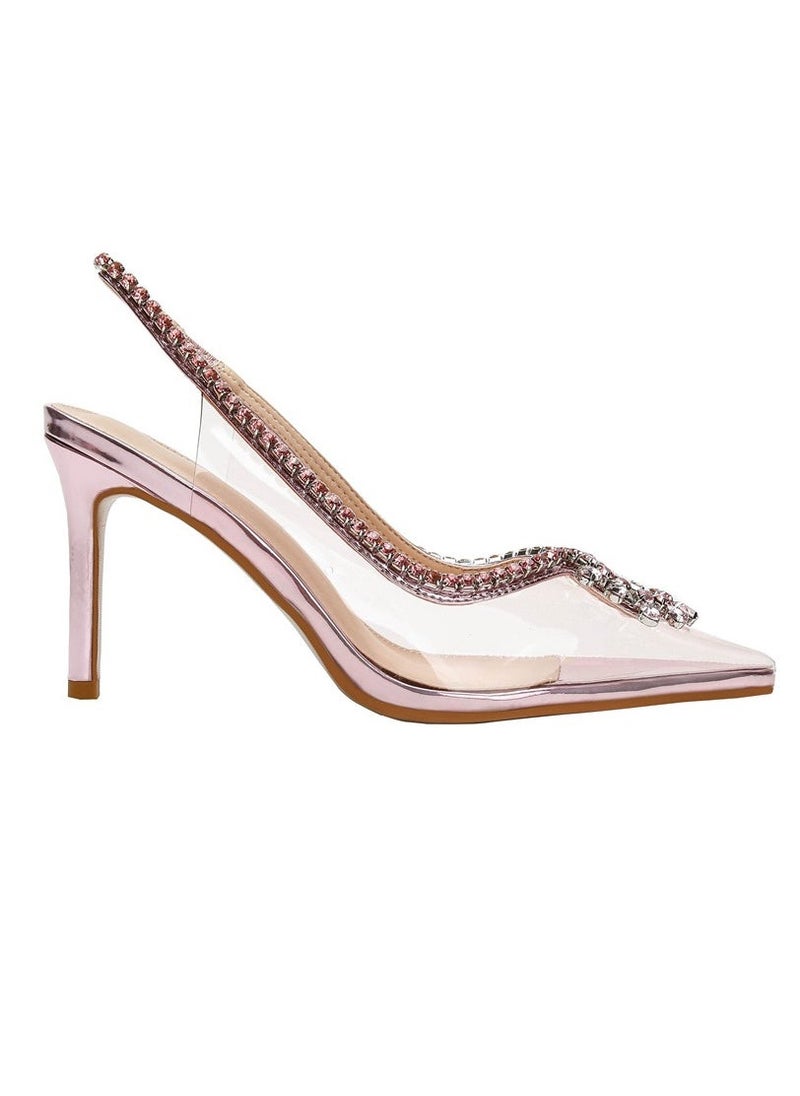Women's Rhinestone Transparent Closed Pointed Toe High Heels With Strap Stiletto Pumps Pink 8.5 CM  - Image 1