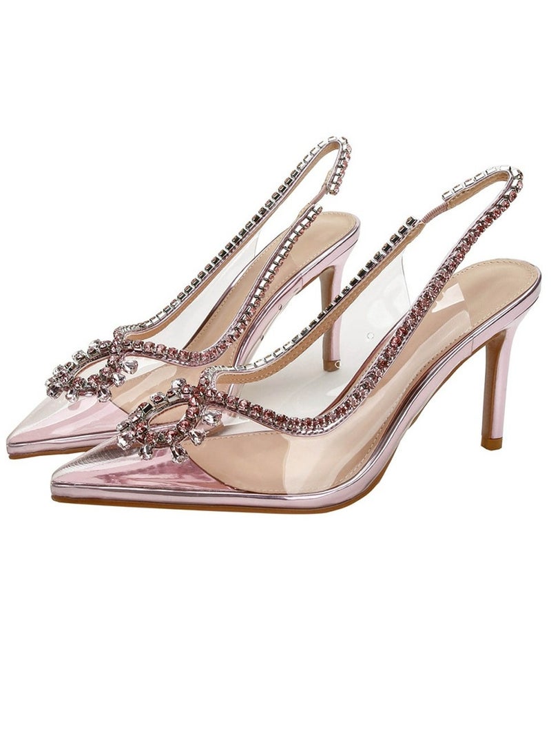 Women's Rhinestone Transparent Closed Pointed Toe High Heels With Strap Stiletto Pumps Pink 8.5 CM  - Image 2