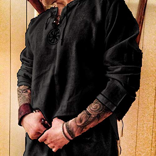 Rela Bota Men's Fashion Cotton Linen Shirt Long Sleeve Solid Color Ethnic Beach Yoga Top Black XXXL - Image 2