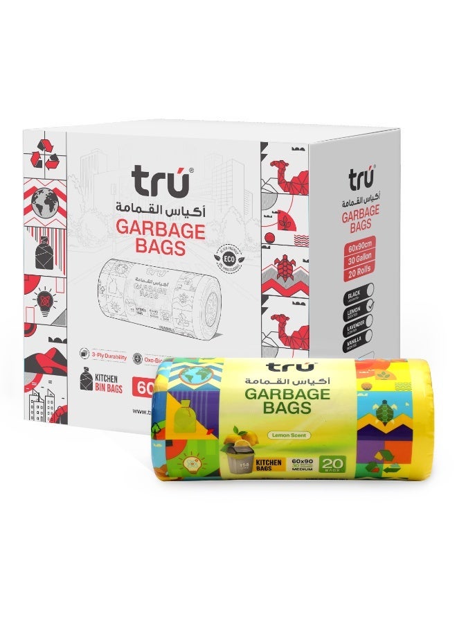 ترو أكياس قمامة برائحة الليمون tru® 60x90 سم 30 جالون 20 قطعة × 20 لفة (400 كيس) - Image 1
