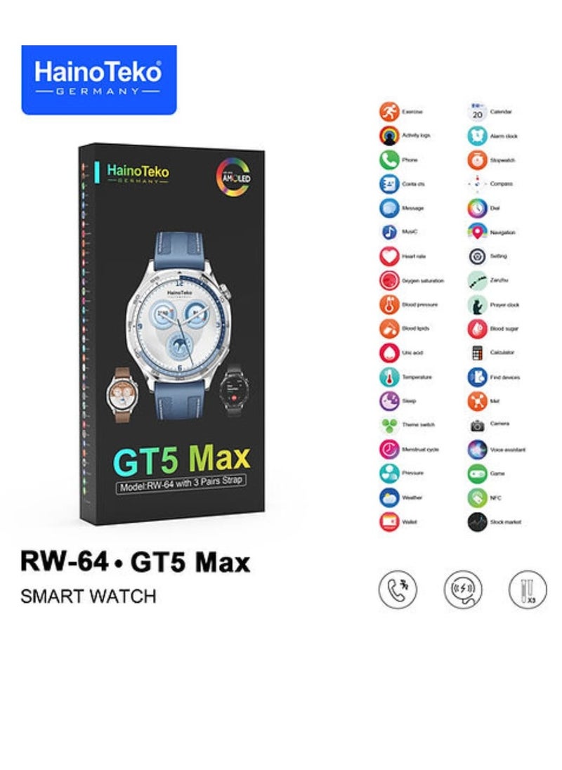 Haino Teko Smart Watch GT5 Max Round Screen AMOLED Display with 3 Pair Straps and Wireless Charger Multicolour  - Image 2