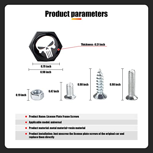 Gseigvee Pack-4 License Plate Screws Fastener Kit, White Skull Aluminum Alloy Car Anti Theft Screw Caps, License Plate Frame Decorative Screws Bolts for Car Truck Motorcycle SUV (Black) - Image 2