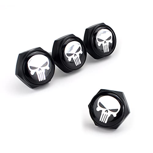 Gseigvee Pack-4 License Plate Screws Fastener Kit, White Skull Aluminum Alloy Car Anti Theft Screw Caps, License Plate Frame Decorative Screws Bolts for Car Truck Motorcycle SUV (Black) - Image 1