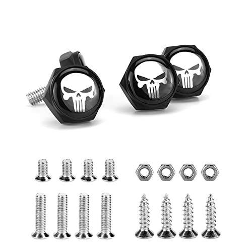 Gseigvee Pack-4 License Plate Screws Fastener Kit, White Skull Aluminum Alloy Car Anti Theft Screw Caps, License Plate Frame Decorative Screws Bolts for Car Truck Motorcycle SUV (Black) - Image 4