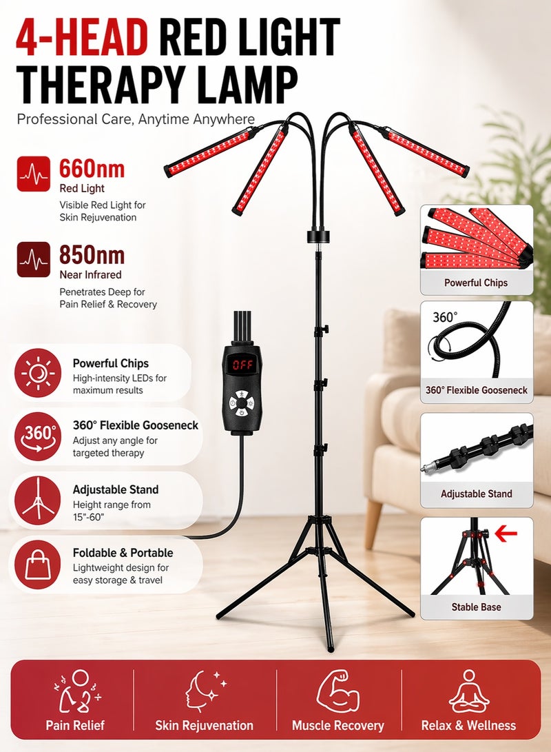 Red Light Therapy Lamp Infrared Therapy Device LED Therapy Light 660nm 850nm Pain Relief Skin Rejuvenation Adjustable Stand 4 Head Flexible Gooseneck Home Beauty Therapy Lamp - Image 2