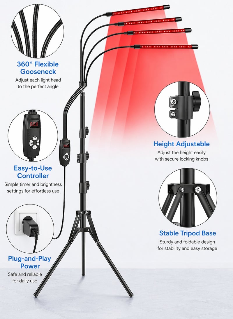 Red Light Therapy Lamp Infrared Therapy Device LED Therapy Light 660nm 850nm Pain Relief Skin Rejuvenation Adjustable Stand 4 Head Flexible Gooseneck Home Beauty Therapy Lamp - Image 3
