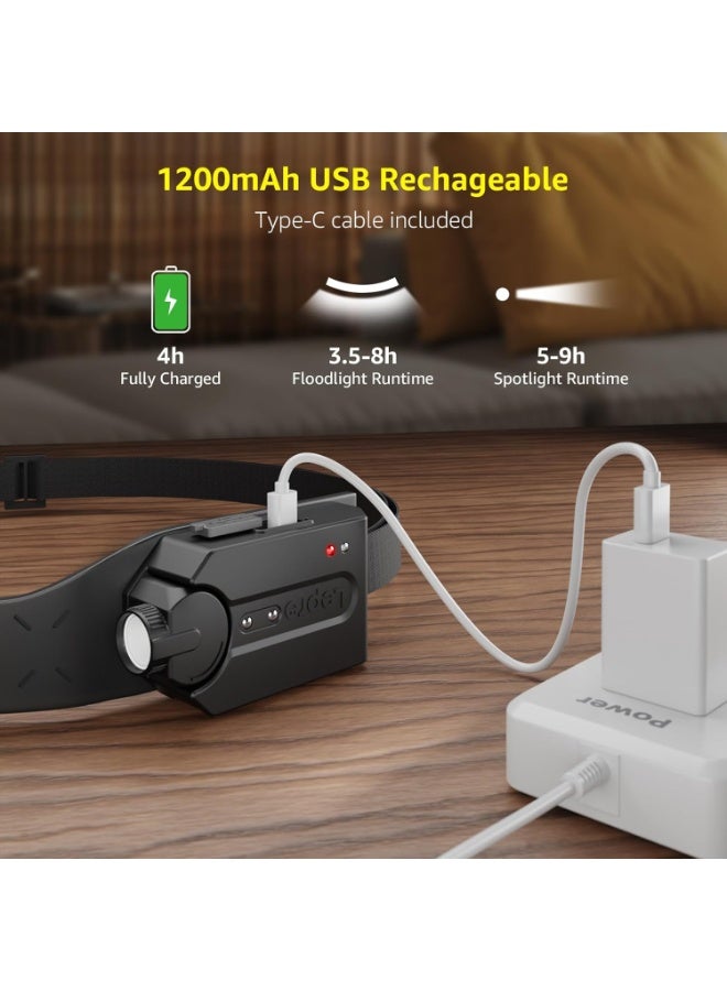 Lepro LED Headlamp Rechargeable - Super Bright Motion Sensor Head lamp with 1200 mAh Battery, 230°COB Wide Beam & Adjustable Spotlight, IP44 Waterproof Headlight for Camping, Hiking, Running, Power Outrage - Image 4
