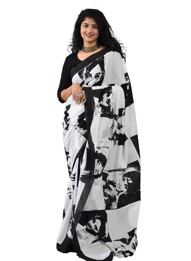 Kiaaron Women's Hand Block Kalamkari Batik Bagru Jaipuri Ikat Printed Handloom Pure Cotton Mulmul Traditional Ethnic Cotton Sarees With Printed Blouse Piece - Black_White - Image 1