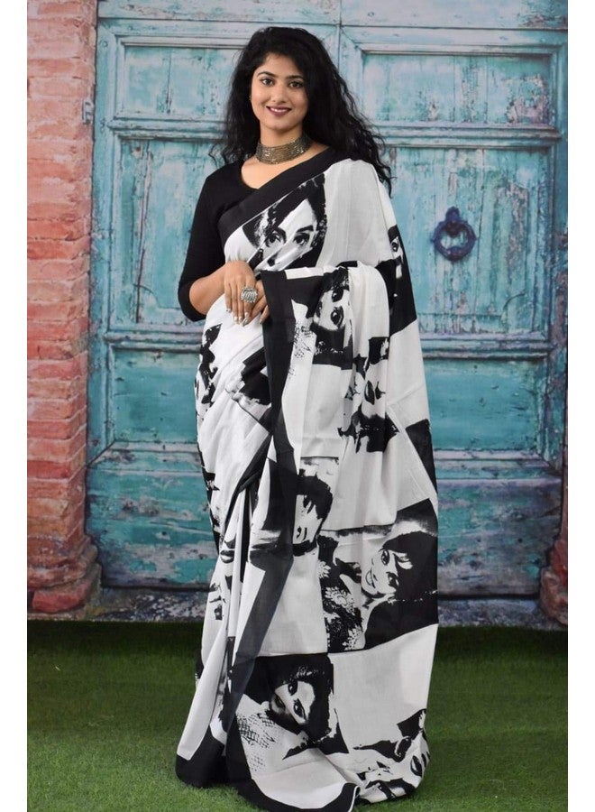 Kiaaron Women's Hand Block Kalamkari Batik Bagru Jaipuri Ikat Printed Handloom Pure Cotton Mulmul Traditional Ethnic Cotton Sarees With Printed Blouse Piece - Black_White - Image 2