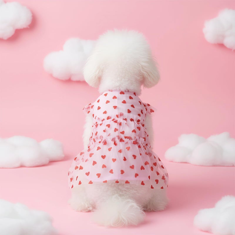 yeabwps Valentines Day Dog Outfit Pink Heart Tulle Dog Dress Girl Puppy Princess for Small Dogs Party Outfit - Image 4