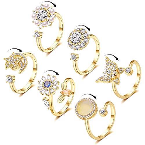 Honsny 6Pcs 14K Gold Plated Anxiety Rings for Women Adjustable Spinner Anxiety Ring CZ Butterfly Bee Moon Star Fidget Rings for Anxiety Stress Relief for Women - Image 1