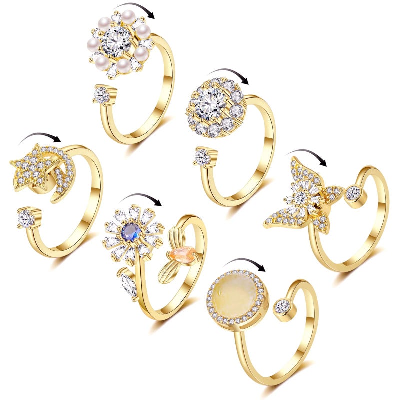 Honsny 6Pcs 14K Gold Plated Anxiety Rings for Women Adjustable Spinner Anxiety Ring CZ Butterfly Bee Moon Star Fidget Rings for Anxiety Stress Relief for Women - Image 2