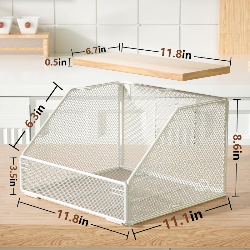 Litwaro Stackable Fruit Basket for Kitchen Countertop Space Saving  Wall Mounted Mesh Metal Wire Basket with Wood Lid Extra Storage  2 Pack Kitchen Counter Organizer for Snack  Onion and Potato Storage  White - Image 2