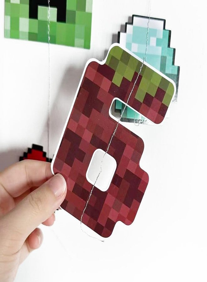 pinkblume 46Ft Pixel 6th Birthday Party Decorations Green Brown Miner Themed Garland Streamer for Kids Boys 6th Mining Craft Birthday Pixel Miner Gamer Cartoon Baby Shower Mining Party Decor Supplies - Image 4