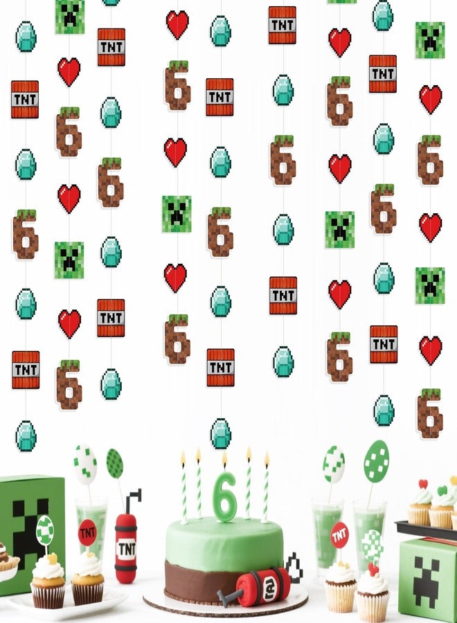 pinkblume 46Ft Pixel 6th Birthday Party Decorations Green Brown Miner Themed Garland Streamer for Kids Boys 6th Mining Craft Birthday Pixel Miner Gamer Cartoon Baby Shower Mining Party Decor Supplies - Image 1