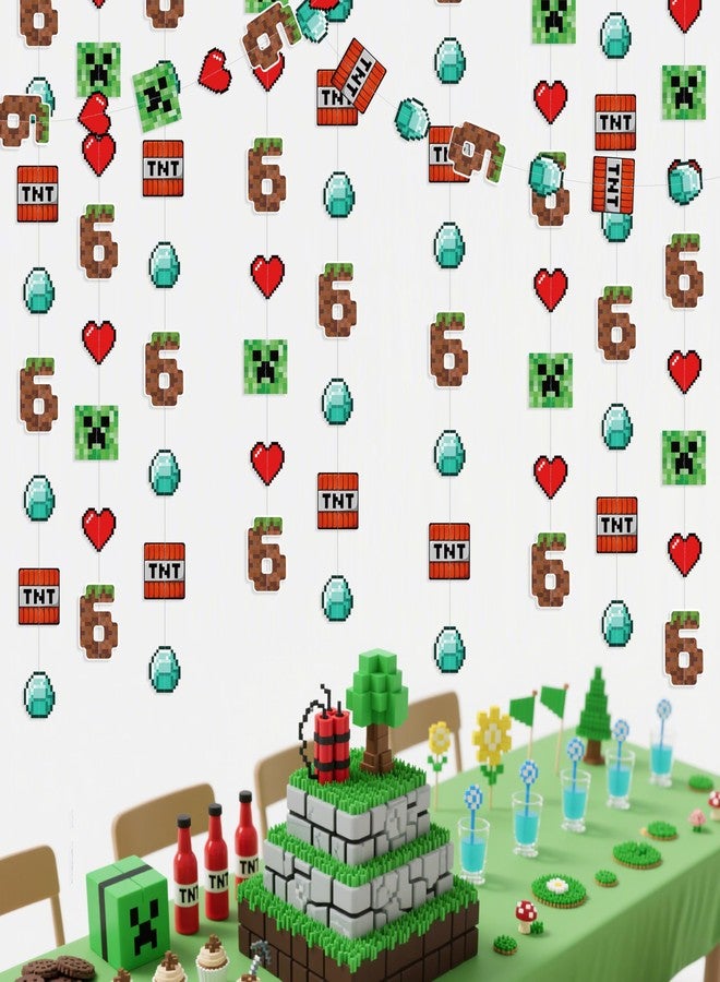 pinkblume 46Ft Pixel 6th Birthday Party Decorations Green Brown Miner Themed Garland Streamer for Kids Boys 6th Mining Craft Birthday Pixel Miner Gamer Cartoon Baby Shower Mining Party Decor Supplies - Image 3