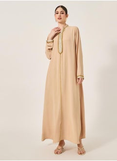 Styli Pleated Collared Lace Detail A-Line Jalabyia  - Image 2
