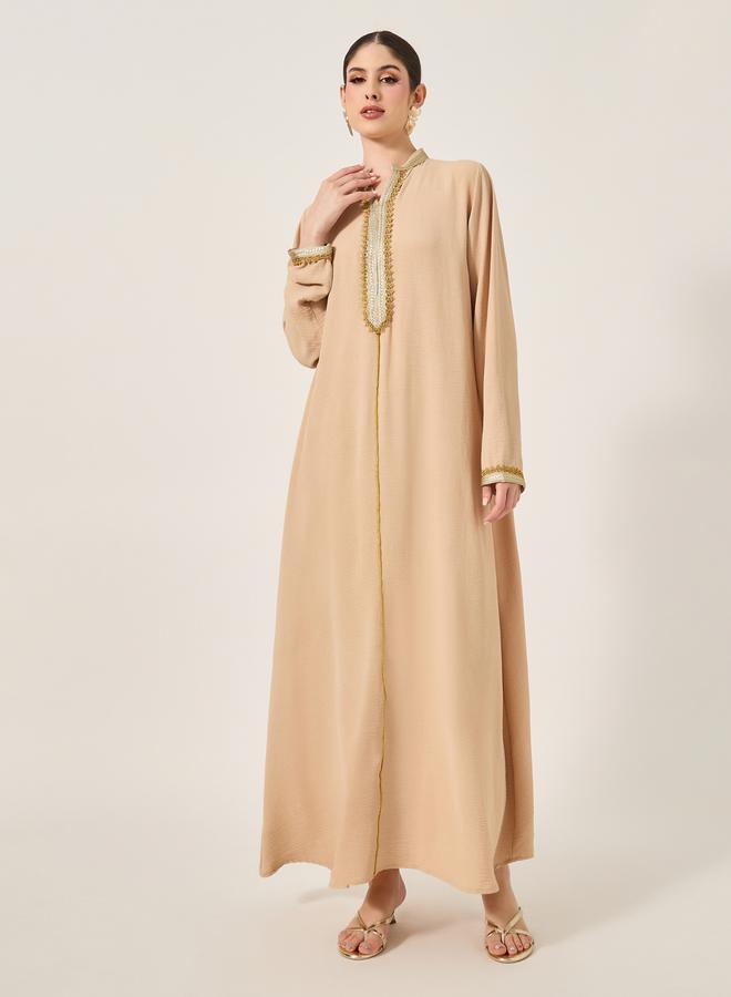 Styli Pleated Collared Lace Detail A-Line Jalabyia - Image 2