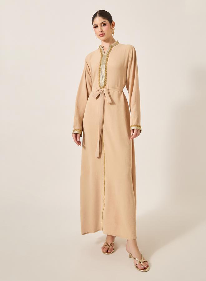 Styli Pleated Collared Lace Detail A-Line Jalabyia - Image 1