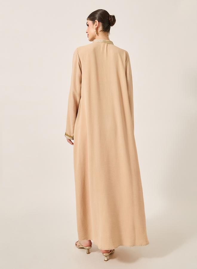 Styli Pleated Collared Lace Detail A-Line Jalabyia - Image 5