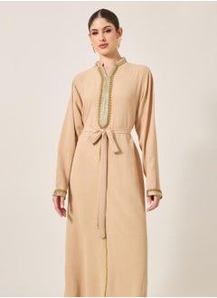 Styli Pleated Collared Lace Detail A-Line Jalabyia  - Image 3