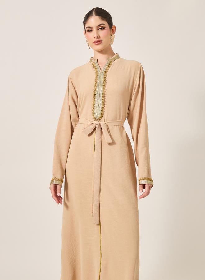 Styli Pleated Collared Lace Detail A-Line Jalabyia - Image 3