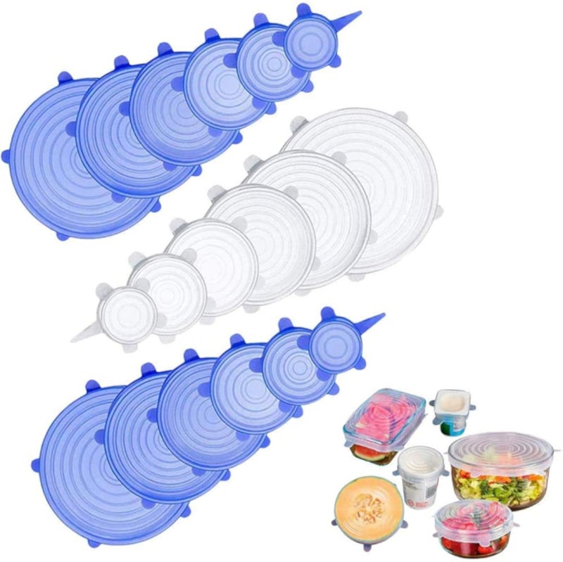 أغطية سيليكون قابلة للتمدد - عبوة من 18 غطاء طعام سيليكون قابل للتمدد ومحكم الإغلاق يناسب أشكالًا مختلفة من الحاويات والأطباق والأوعية، آمن للاستخدام في غسالة الصحون والميكروويف والفريزر (عبوة من 18 قطعة - أبيض وأسود)