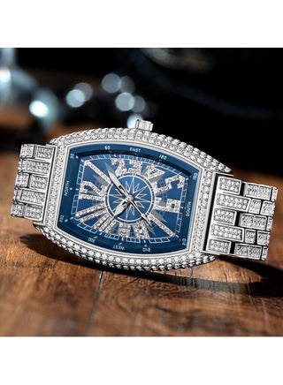 Men's Diamond Watch Full Of Stars Fashion Personality Digital Barrel-Shaped Full Diamond Large Dial Men's Watch Fashion Crystal Diamond Quartz Watch Ice Crystal Bracelet Watch - view 2