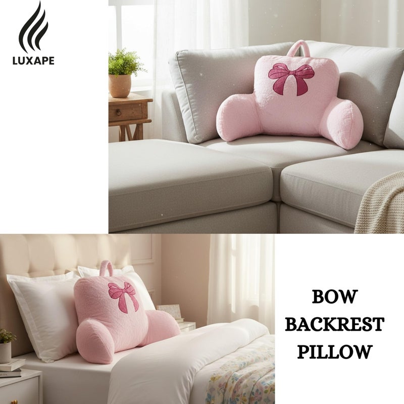 Luxape Bow Backrest Pillow Bow Reading Pillow with Pink Bow Design â€“ Soft Plush Fabric Pillow with Armrests for Bed, Couch, Dorm or Lounge â€“ Supportive Bed Rest Cushion, 29 x 16.5 Inches (74 x 42 cm) (Pink) - Image 4