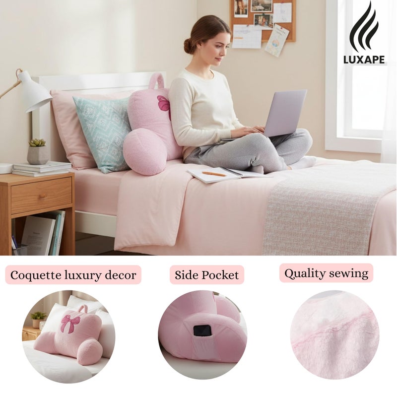 Luxape Bow Backrest Pillow Bow Reading Pillow with Pink Bow Design â€“ Soft Plush Fabric Pillow with Armrests for Bed, Couch, Dorm or Lounge â€“ Supportive Bed Rest Cushion, 29 x 16.5 Inches (74 x 42 cm) (Pink) - Image 2