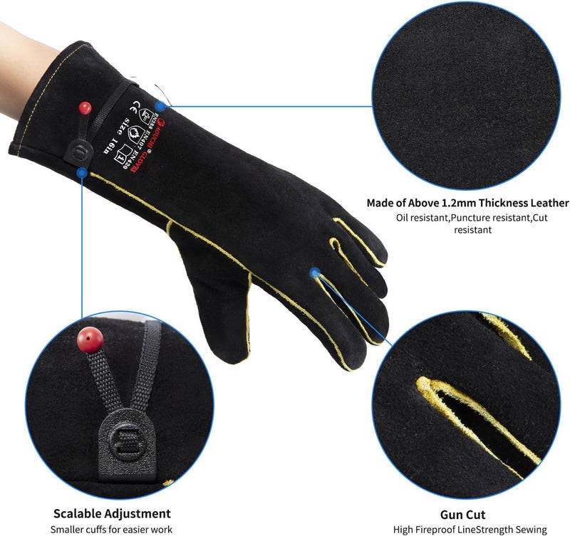AOUCHI 932℉ Leather Welding Gloves for Women Man, Heat Resistant Fire Long Sleeve Gloves for Tig Mig Stick BBQ Fireplace Animal Handling (Large 16inch) - Image 2