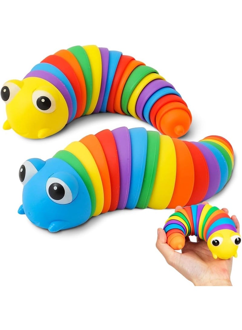 Twisty Caterpillar Finger Slug Fidget Toy, Rainbow Sensory Stress Relief Desk Toy with Soothing Twist Sound, Portable Hand Fidget for Kids & Adults, 6.5 Inch (Pack of 2)