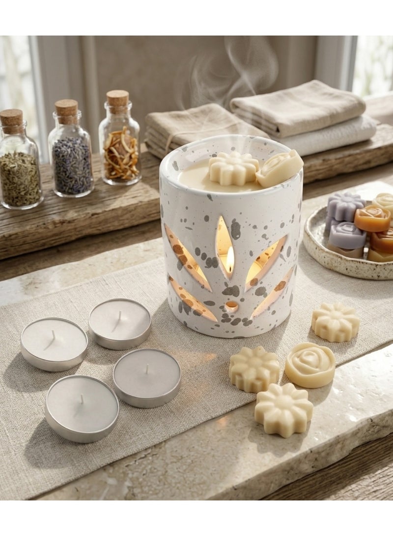 White Rose Scented Wax Melt Burner Set with 4 Tea Light Candles - Luxury Home Fragrance - Elegant Wax Warmer for Home Décor & Gift - Image 1