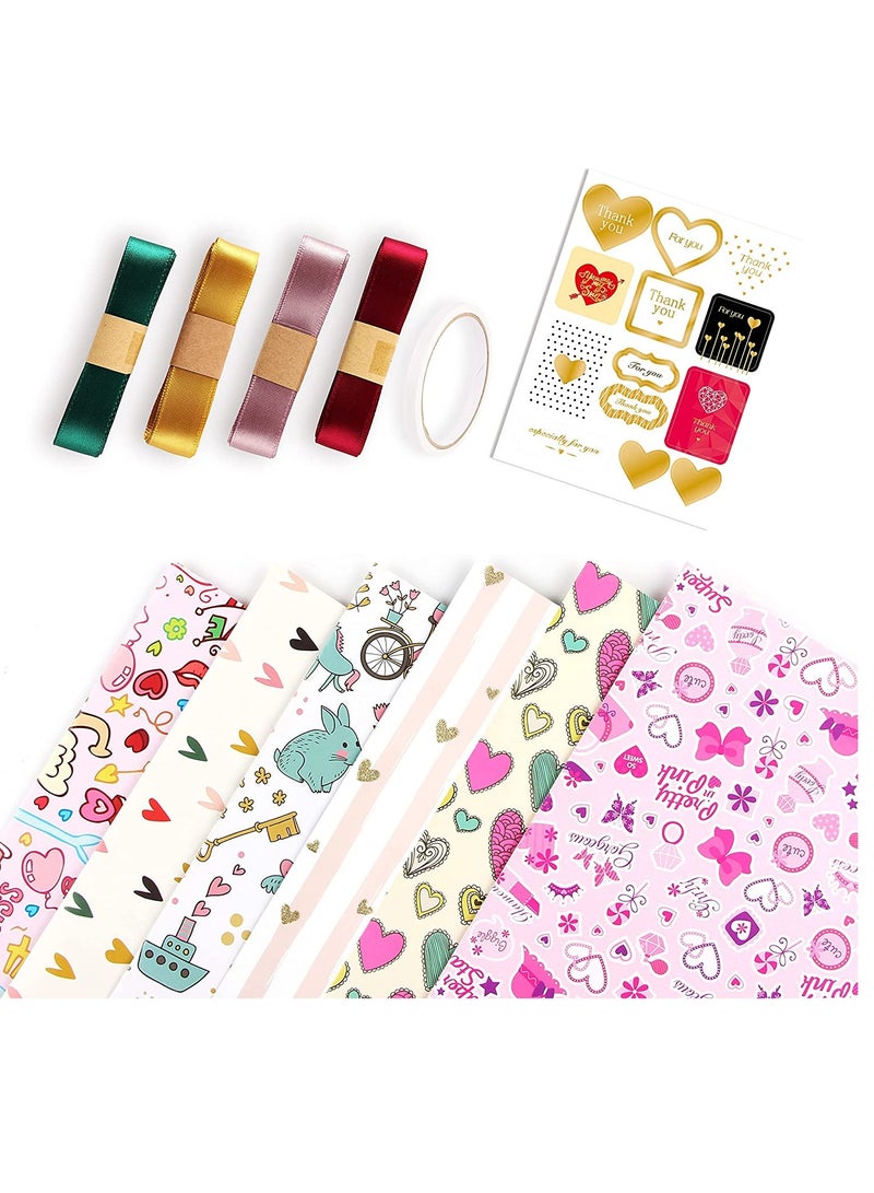 SOLARAE Wrapping Paper Sheets, Birthday Wrapping Paper Set Included 6 Pack Gift Wrap Paper with Ribbon Tag  Butterfly Heart Design for Birthday Bridal Baby Shower Weddings Boy Girl - Image 1