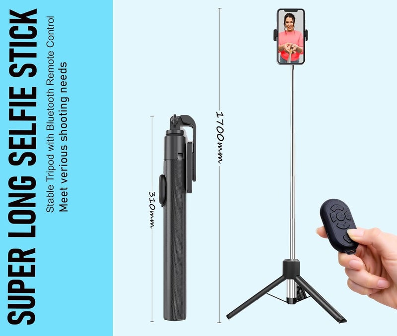 USTINE طقم يوتيوبر ® | 10" ضوء حلقي RGB | ميكروفون مستورد | عصا سيلفي طويلة جدًا مع قاعدة ثلاثية كبيرة معززة تصل إلى 67 بوصة/170 سم مع جهاز تحكم عن بعد بلوتوث، فيديوهات فيسبوك، ريلز، مدونات (مع ضوء RGB 10") - Image 5