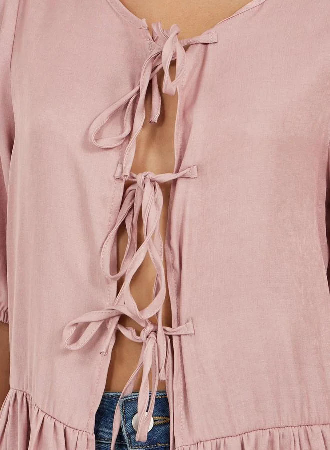 Styli Puff Sleeves Ruffled Hem Peplum Top with Tie-Up Detail