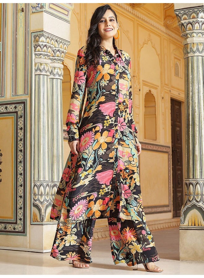 AKS Couture Floral Printed Regular Silk Crepe Kurta with Trousers - Image 3