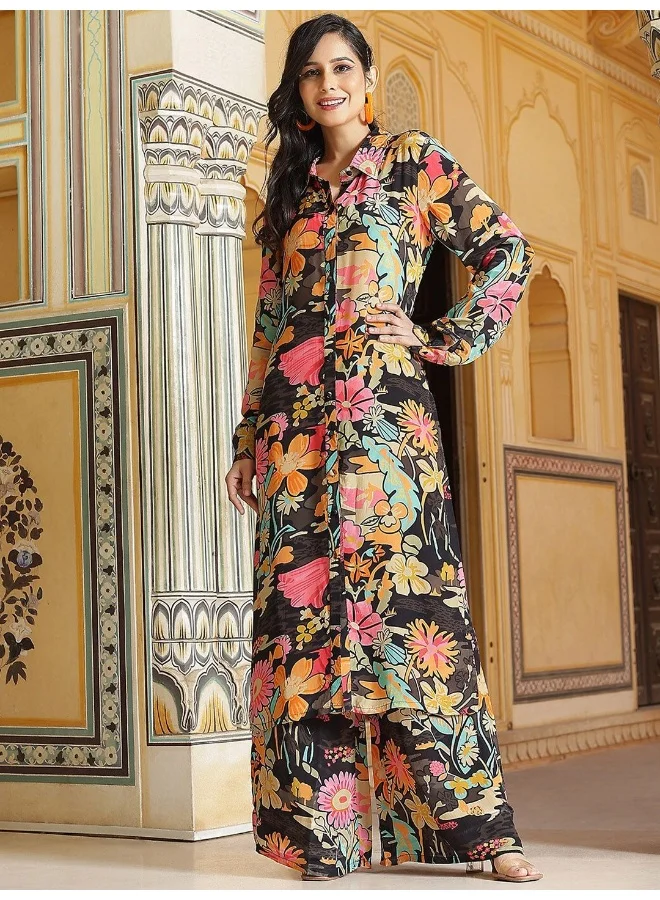 أيه كيه إس AKS Couture Floral Printed Regular Silk Crepe Kurta with Trousers