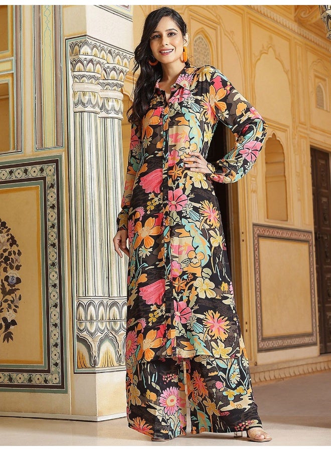 AKS Couture Floral Printed Regular Silk Crepe Kurta with Trousers - Image 1