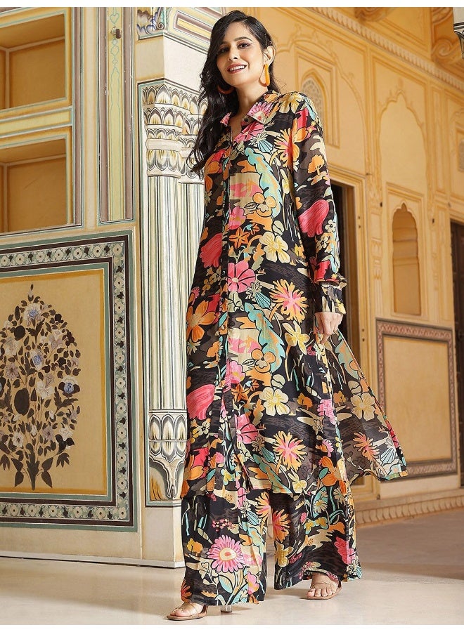 AKS Couture Floral Printed Regular Silk Crepe Kurta with Trousers - Image 5