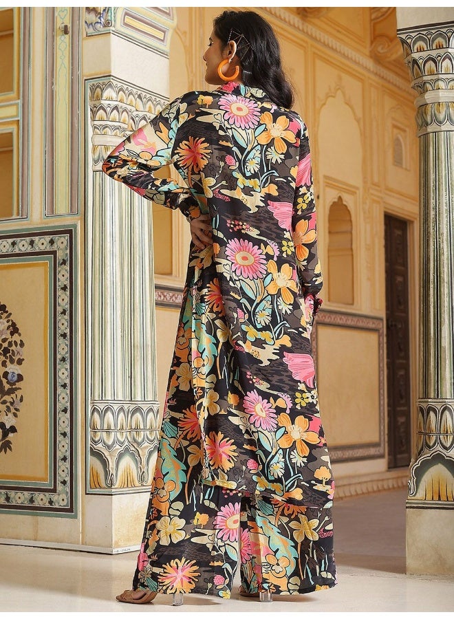 AKS Couture Floral Printed Regular Silk Crepe Kurta with Trousers - Image 4