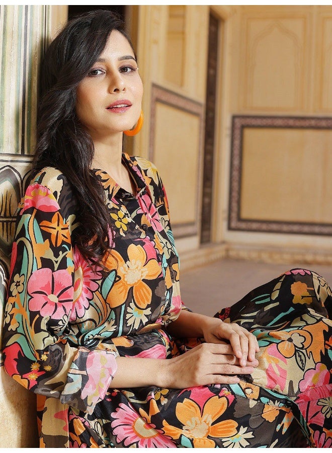 AKS Couture Floral Printed Regular Silk Crepe Kurta with Trousers - Image 2