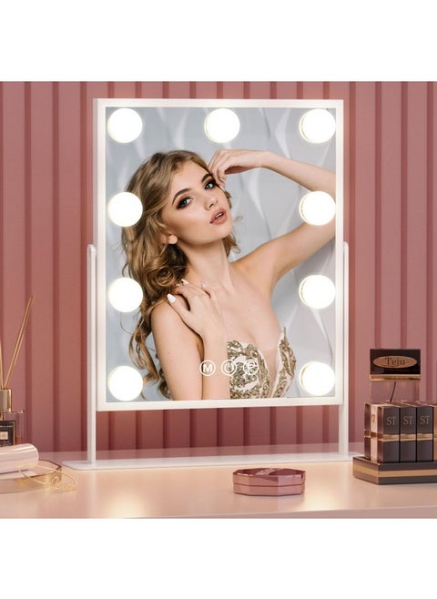 Vanity Mirror With Lights Makeup Mirror With Lights And 10X Detachable Magnification Mirror Hollywood Mirror With 9 Led Dimmable Bulbs 360 Degree Rotation(White)