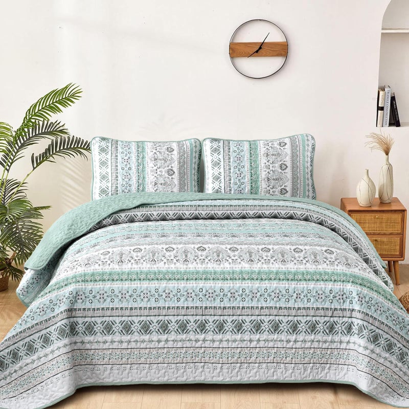 Goodidea Boho Quilt Set Queen Size,3 Piece Green Bohemian Striped Bedspread Coverlet Set with 2 Pillow Cases Lightweight Soft Microfiber Bedding Set for All Seasons (96"x90") - Image 2