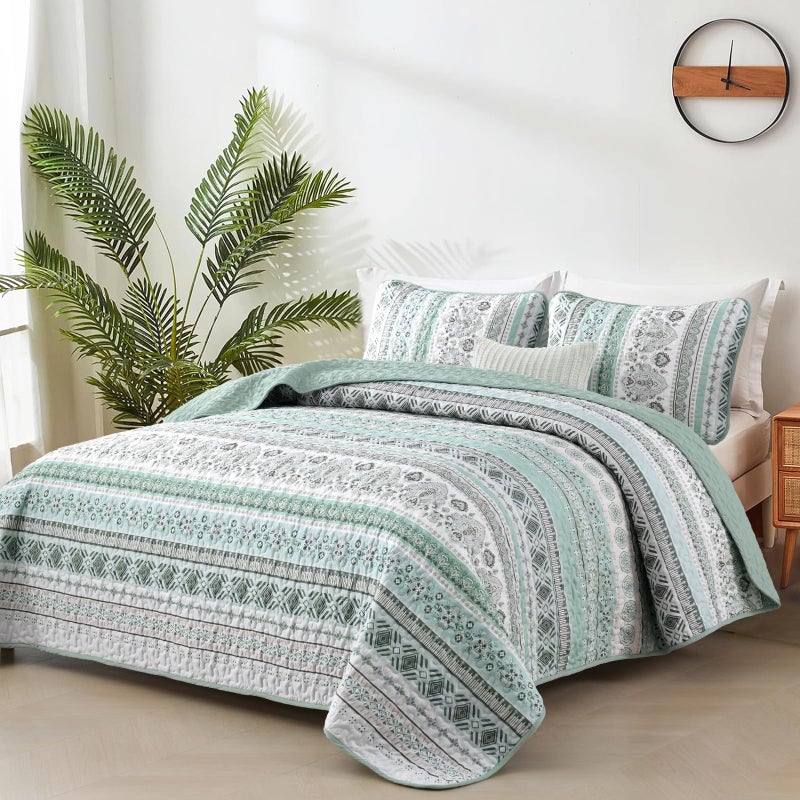 Goodidea Boho Quilt Set Queen Size,3 Piece Green Bohemian Striped Bedspread Coverlet Set with 2 Pillow Cases Lightweight Soft Microfiber Bedding Set for All Seasons (96"x90") - Image 1