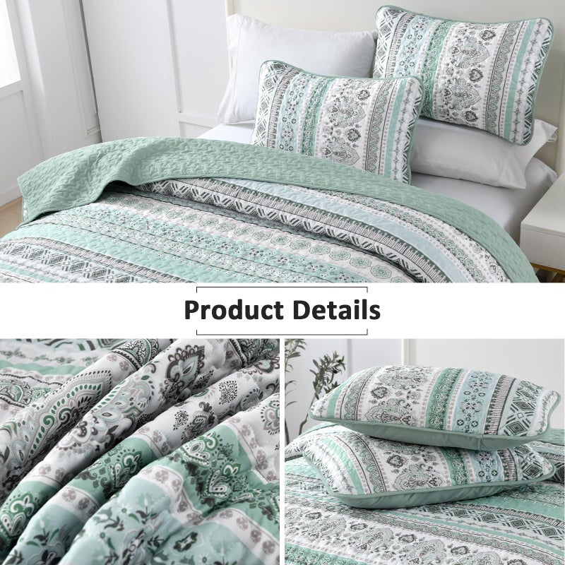 Goodidea Boho Quilt Set Queen Size,3 Piece Green Bohemian Striped Bedspread Coverlet Set with 2 Pillow Cases Lightweight Soft Microfiber Bedding Set for All Seasons (96"x90") - Image 4