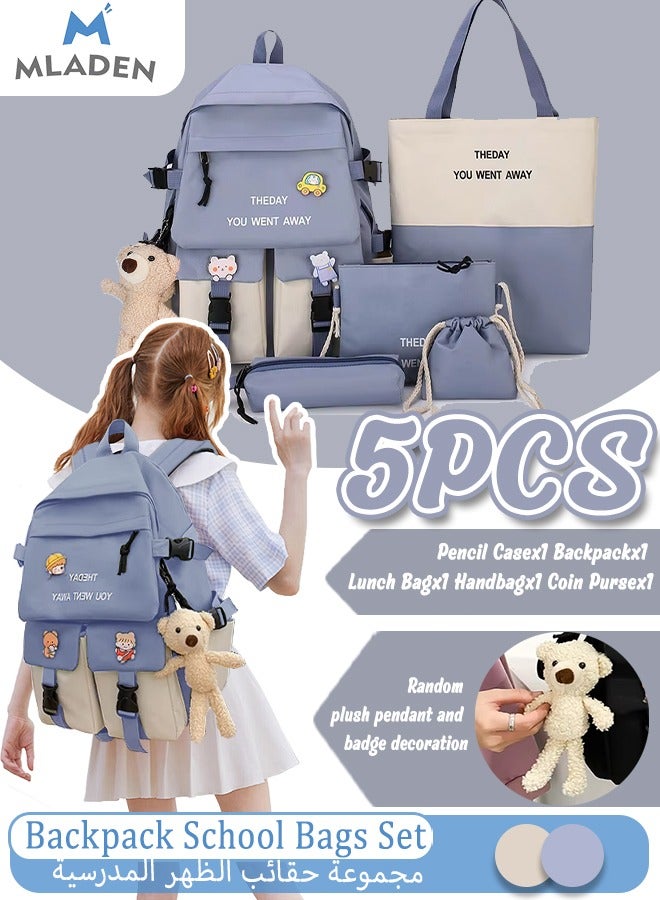 MLADEN School Bag 5 Pieces Set Kids Elementary School Bags Cartoon Travel Casual Daypack Backpack Lunch Bag Pencil Case Handbag Coin Purse With Random Plush Pendant And Badge Decoration（Blue&White） - Image 1