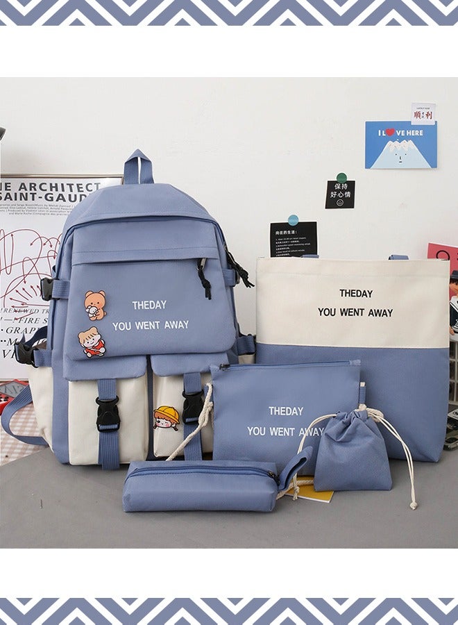 MLADEN School Bag 5 Pieces Set Kids Elementary School Bags Cartoon Travel Casual Daypack Backpack Lunch Bag Pencil Case Handbag Coin Purse With Random Plush Pendant And Badge Decoration（Blue&White） - Image 2