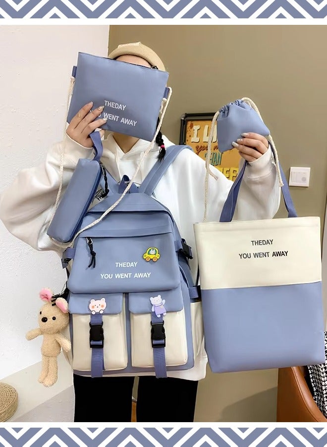 MLADEN School Bag 5 Pieces Set Kids Elementary School Bags Cartoon Travel Casual Daypack Backpack Lunch Bag Pencil Case Handbag Coin Purse With Random Plush Pendant And Badge Decoration（Blue&White） - Image 3